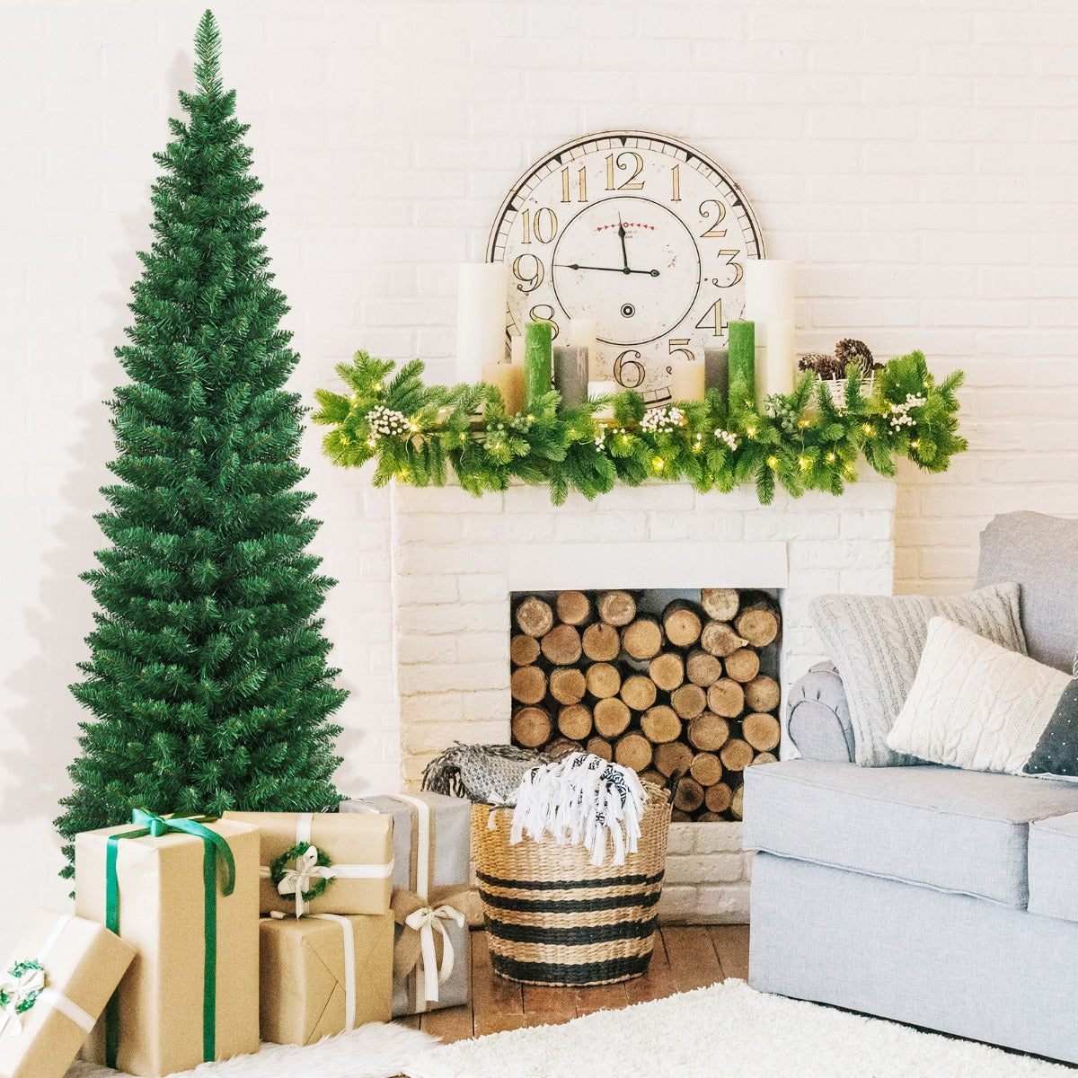 180cm Árbol de Navidad Artificial Lápiz con 400 Puntas de Rama PVC Ignífuga Soporte de Metal Fácil de Montar Verde