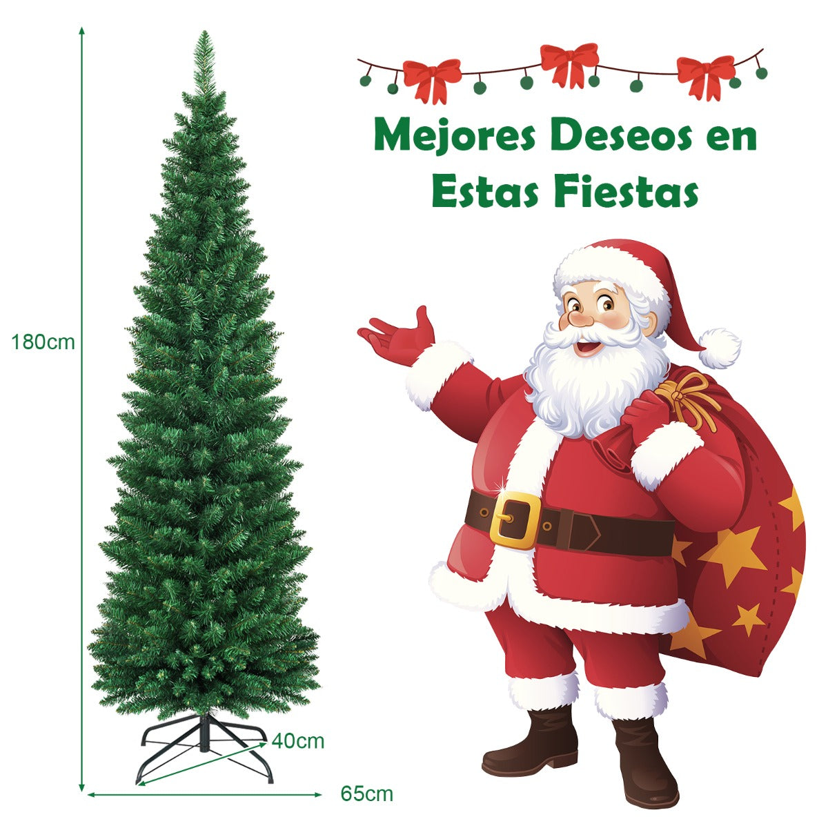 180cm Árbol de Navidad Artificial Lápiz con 400 Puntas de Rama PVC Ignífuga Soporte de Metal Fácil de Montar Verde