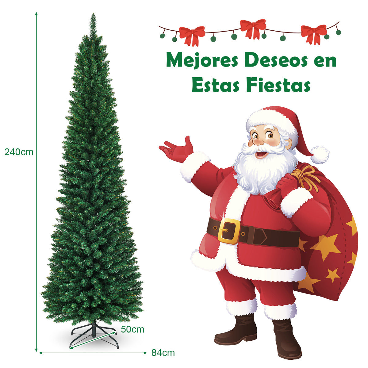 240 cm Árbol de Navidad Artificial Abeto Decoración 1000 Puntas PVC con Soporte de Metal Plegable para Fiesta Hogar Verde