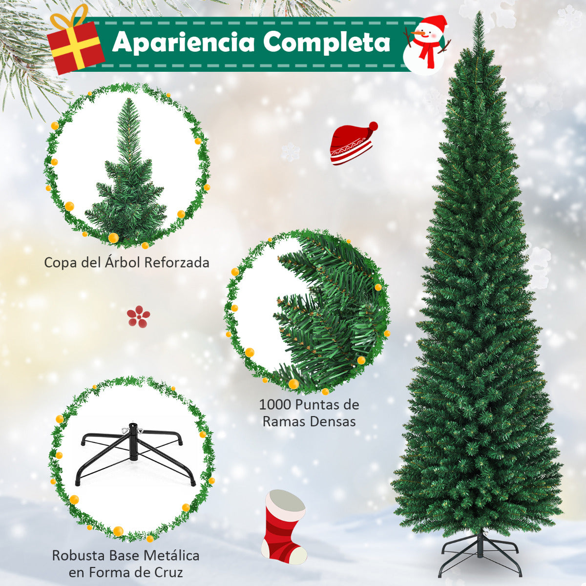 240 cm Árbol de Navidad Artificial Abeto Decoración 1000 Puntas PVC con Soporte de Metal Plegable para Fiesta Hogar Verde