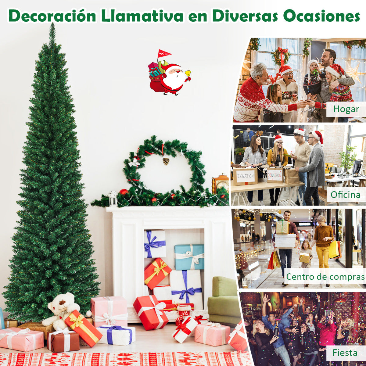 240 cm Árbol de Navidad Artificial Abeto Decoración 1000 Puntas PVC con Soporte de Metal Plegable para Fiesta Hogar Verde