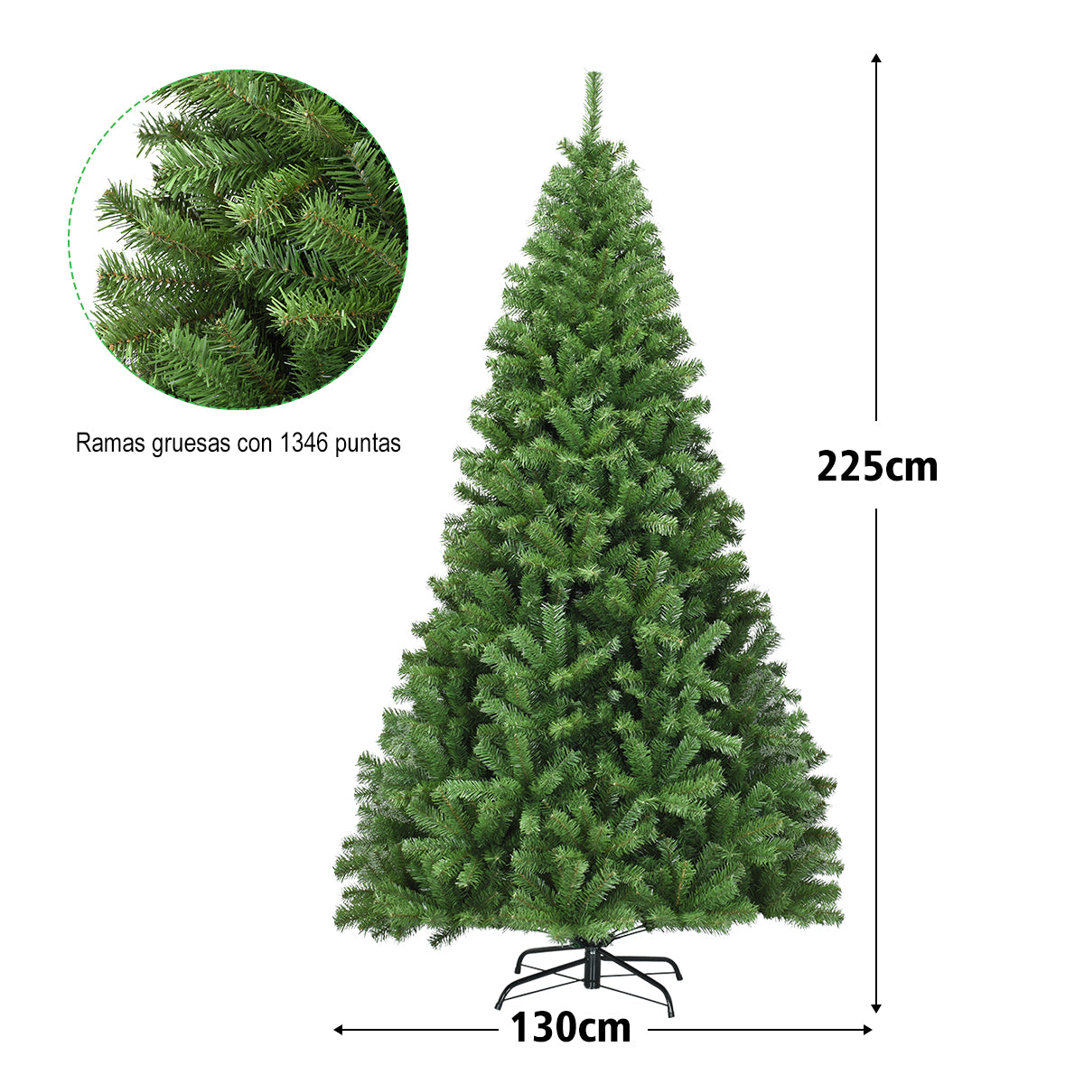 2,25m Árbol de Navidad con 1346 Ramas Bisagras y Base de Metal Resistente para Casa Oficina Tiendas Hoteles