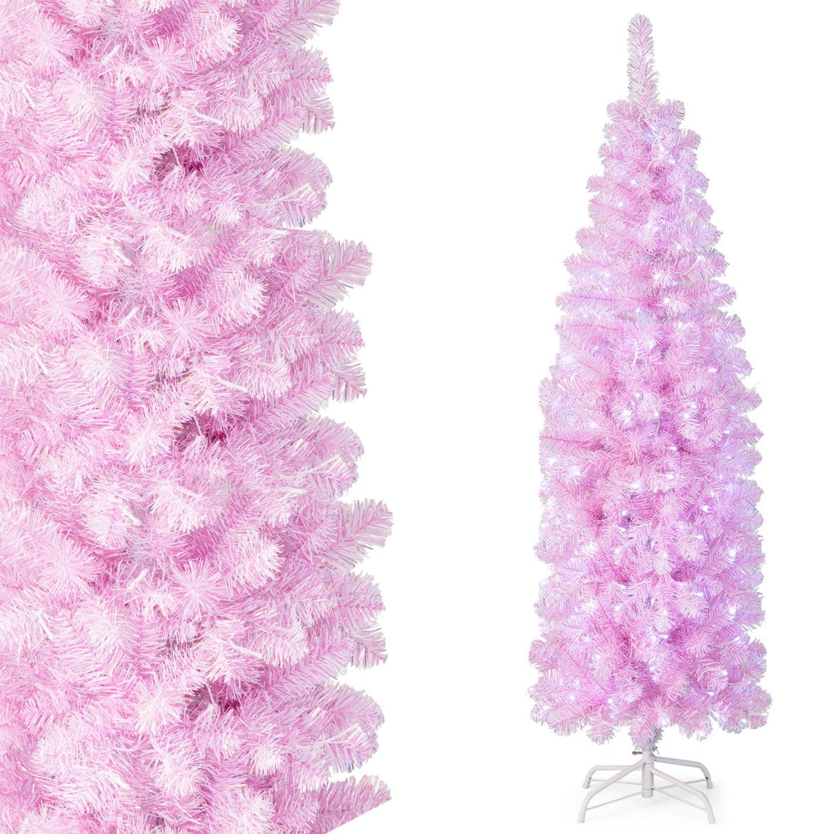 180cm Árbol de Navidad en Forma de Lápiz con Bisagras Luces LED Blancas Frías Soporte de Metal Rosa