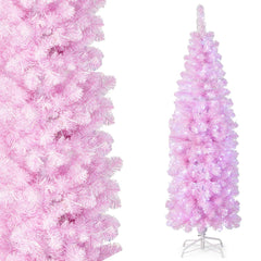 180cm Árbol de Navidad en Forma de Lápiz con Bisagras Luces LED Blancas Frías Soporte de Metal Rosa