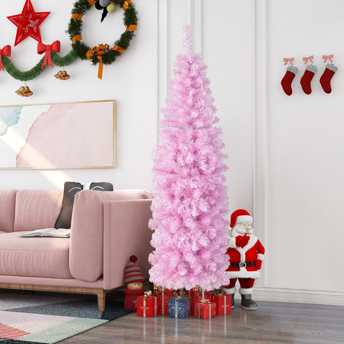 180cm Árbol de Navidad en Forma de Lápiz con Bisagras Luces LED Blancas Frías Soporte de Metal Rosa