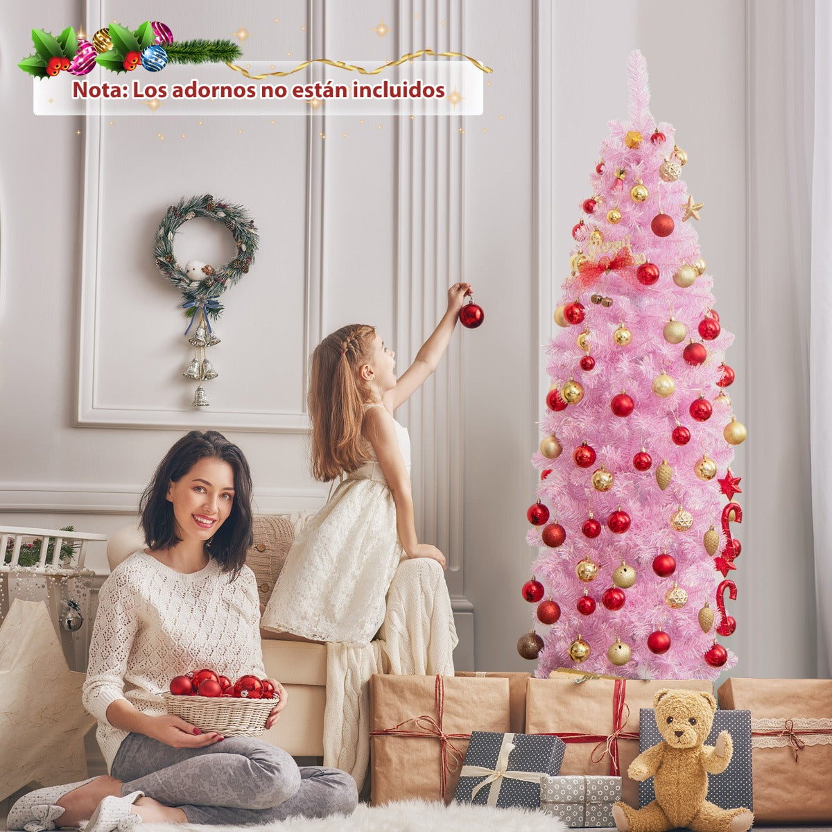 180cm Árbol de Navidad en Forma de Lápiz con Bisagras Luces LED Blancas Frías Soporte de Metal Rosa