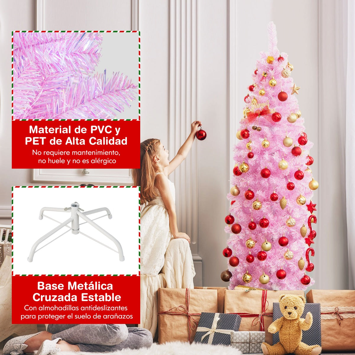 180cm Árbol de Navidad en Forma de Lápiz con Bisagras Luces LED Blancas Frías Soporte de Metal Rosa