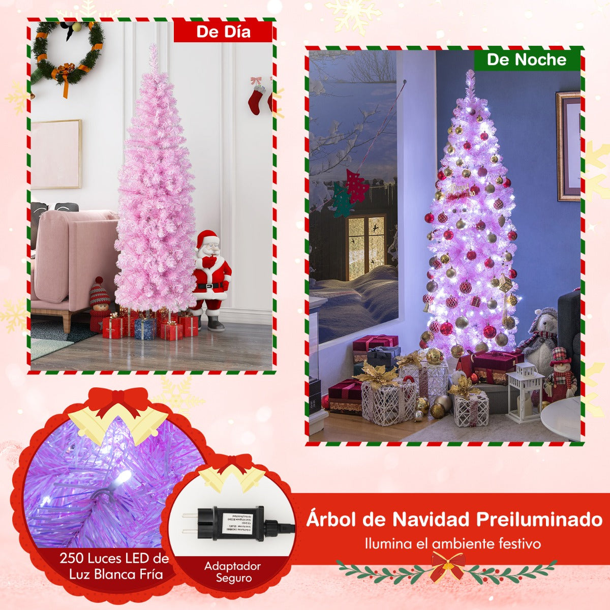 180cm Árbol de Navidad en Forma de Lápiz con Bisagras Luces LED Blancas Frías Soporte de Metal Rosa