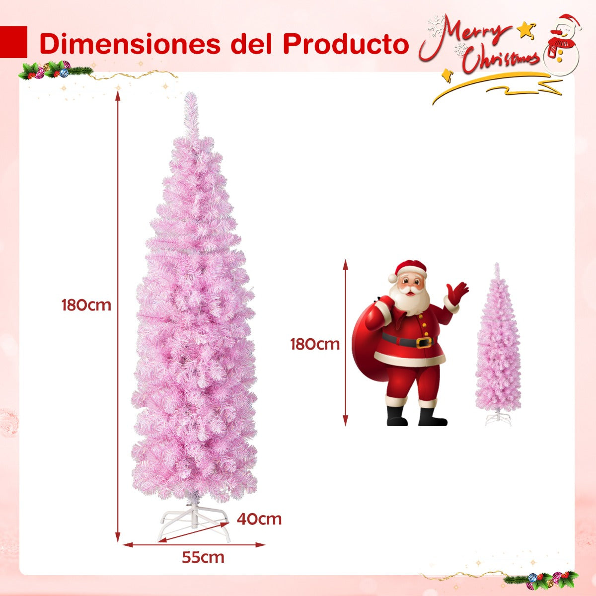 180cm Árbol de Navidad en Forma de Lápiz con Bisagras Luces LED Blancas Frías Soporte de Metal Rosa