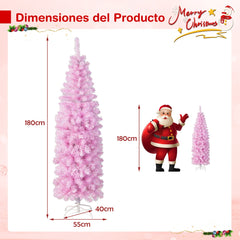 180cm Árbol de Navidad en Forma de Lápiz con Bisagras Luces LED Blancas Frías Soporte de Metal Rosa
