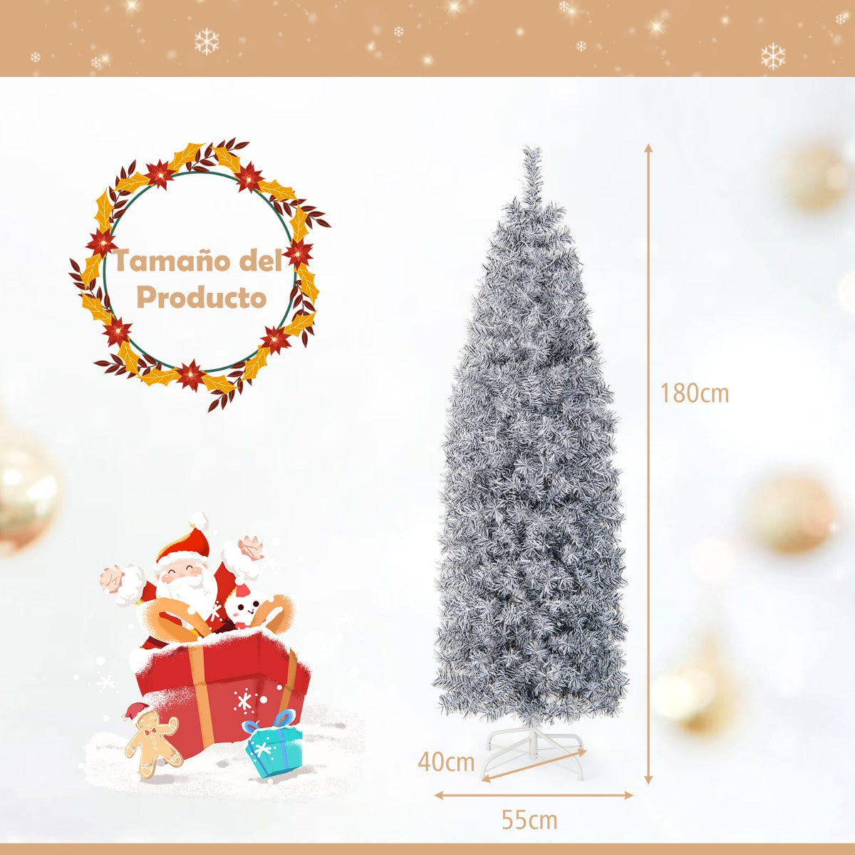 180cm Árbol de Navidad en Forma de Lápiz con 250 Luces LED Blancas Frías 475 Puntas de Ramas Base de Metal Plegable