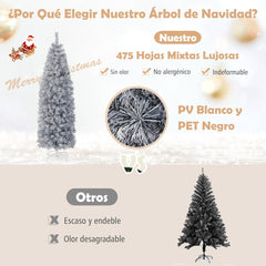 180cm Árbol de Navidad en Forma de Lápiz con 250 Luces LED Blancas Frías 475 Puntas de Ramas Base de Metal Plegable