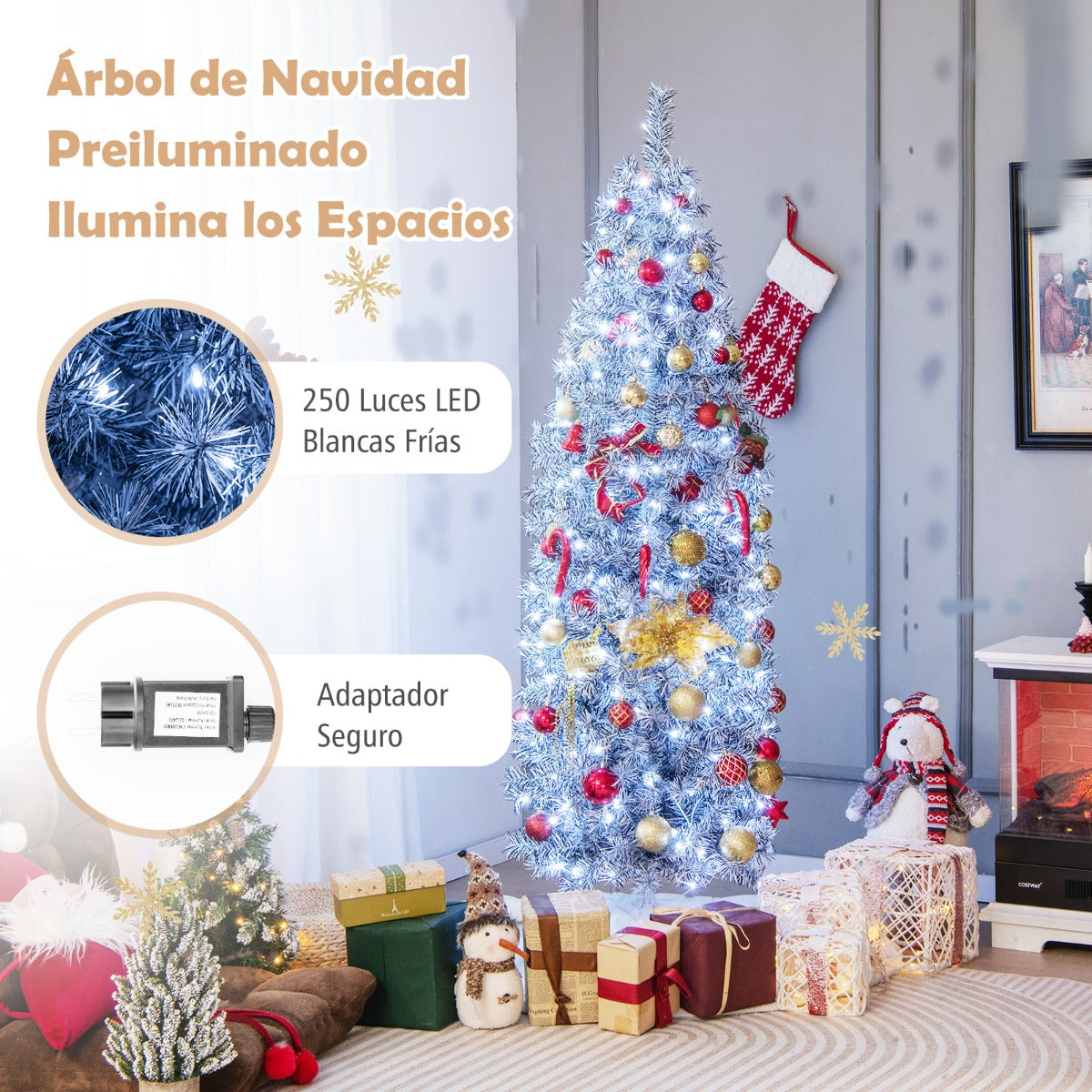 180cm Árbol de Navidad en Forma de Lápiz con 250 Luces LED Blancas Frías 475 Puntas de Ramas Base de Metal Plegable