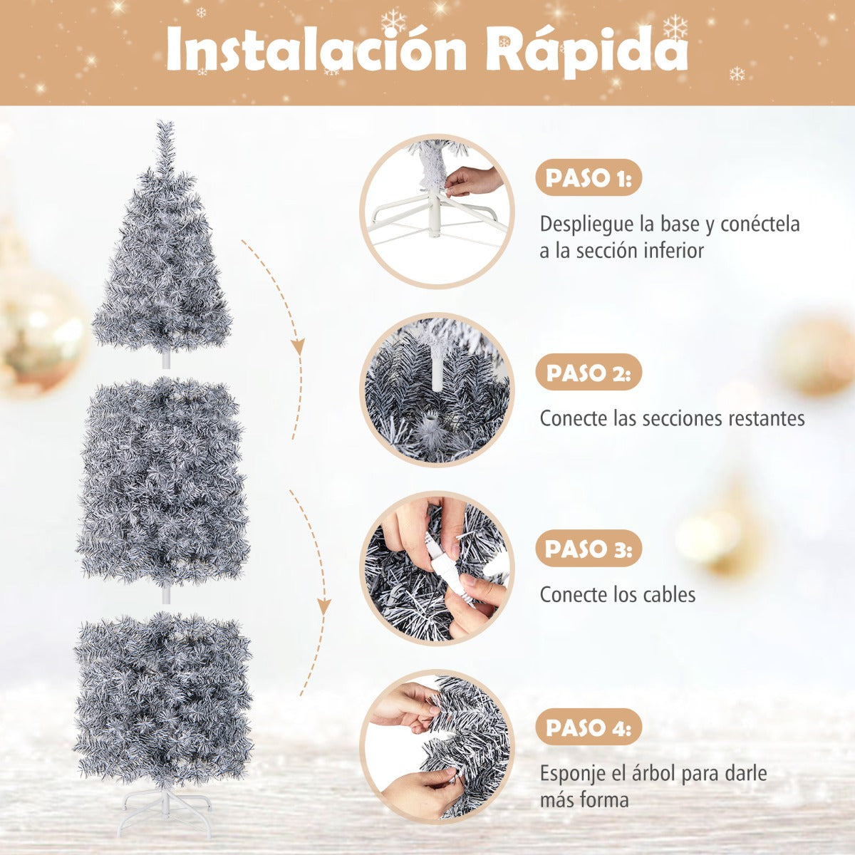 180cm Árbol de Navidad en Forma de Lápiz con 250 Luces LED Blancas Frías 475 Puntas de Ramas Base de Metal Plegable