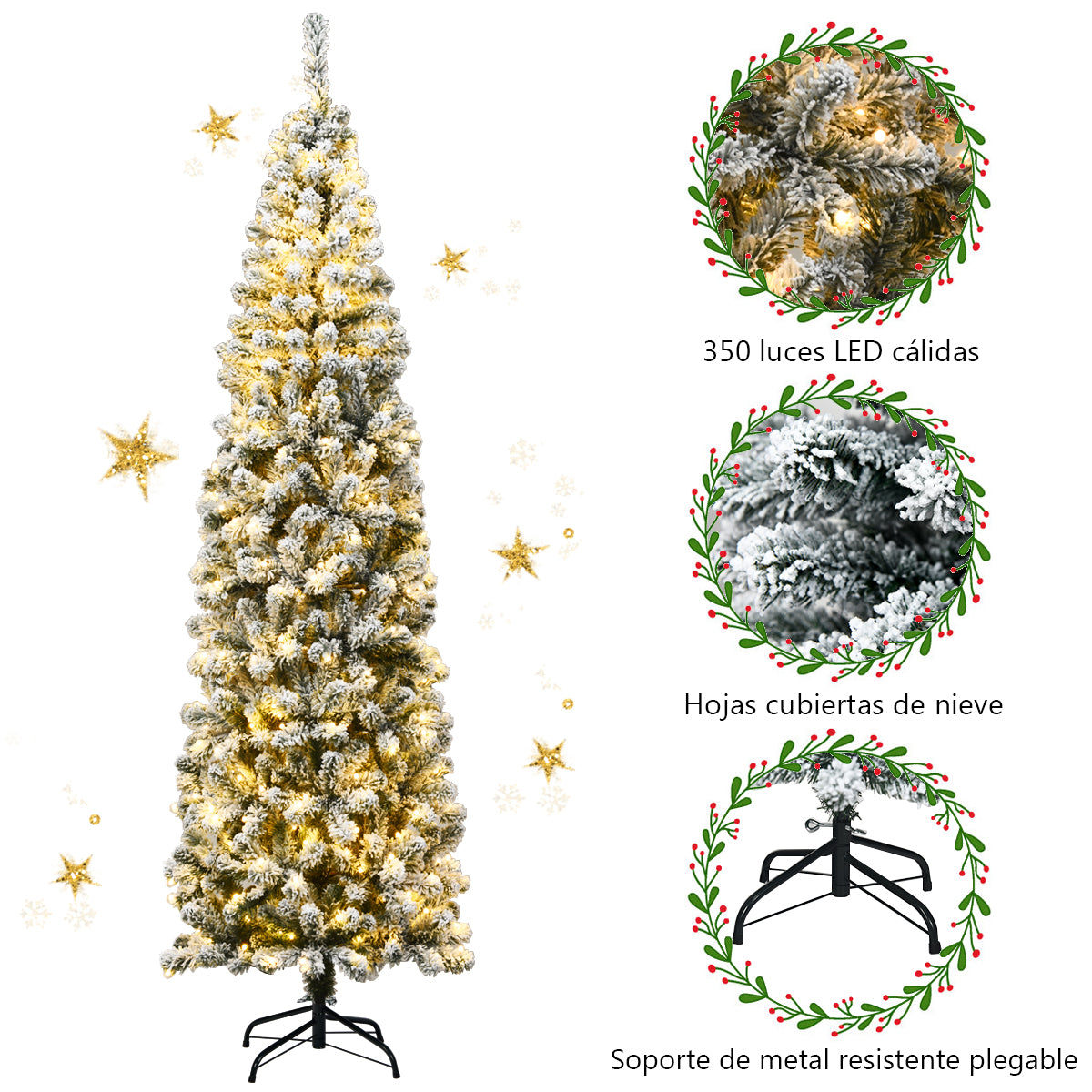 225 cm Árbol de Navidad Nevado Iluminado con 350 Luces LED Cálidas 641 Ramas y Base Plegable de Metal