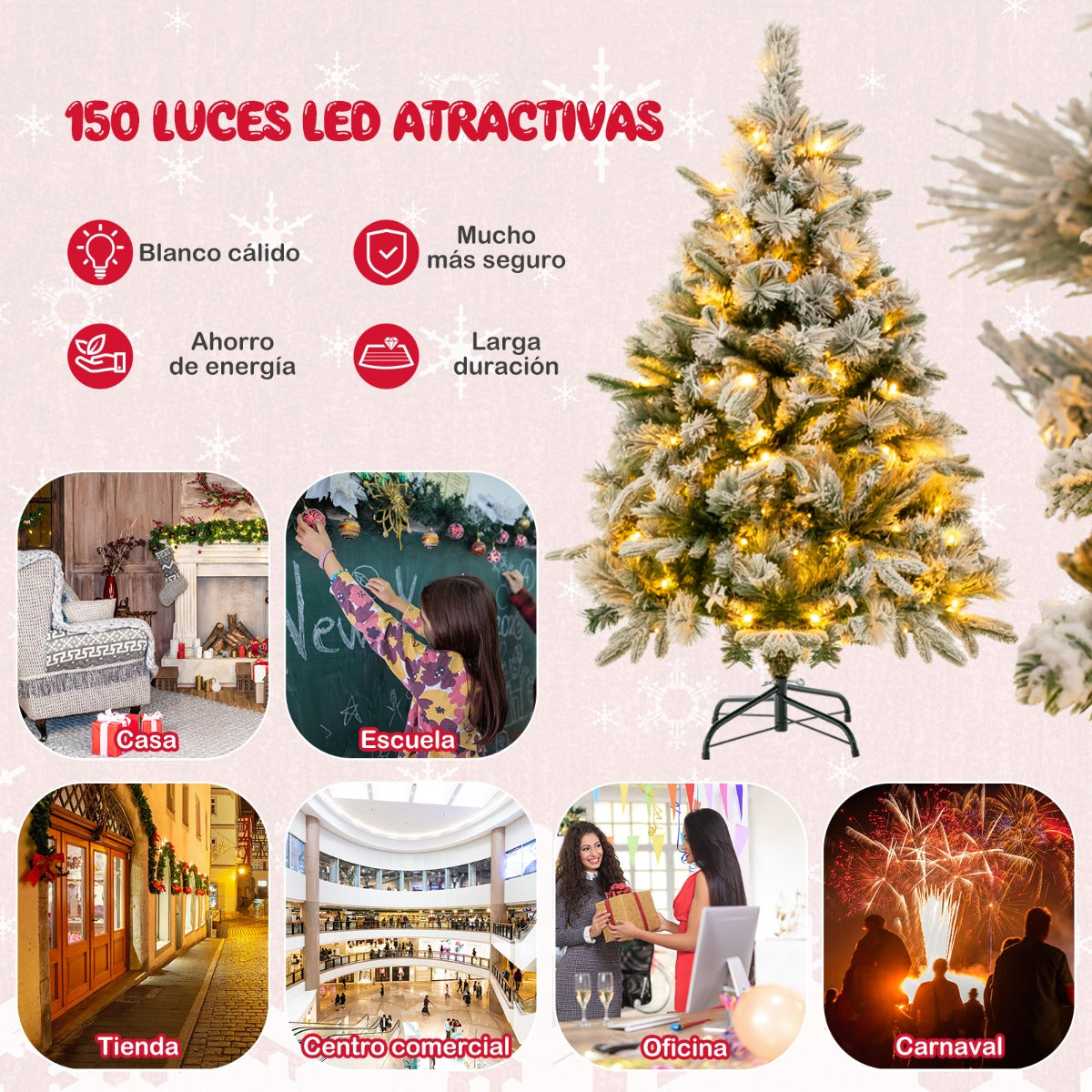 136cm Árbol de Navidad Artificial con 150 Luces LED Blancas Cálidas y 384 Ramas Mixtas Montaje Fácil