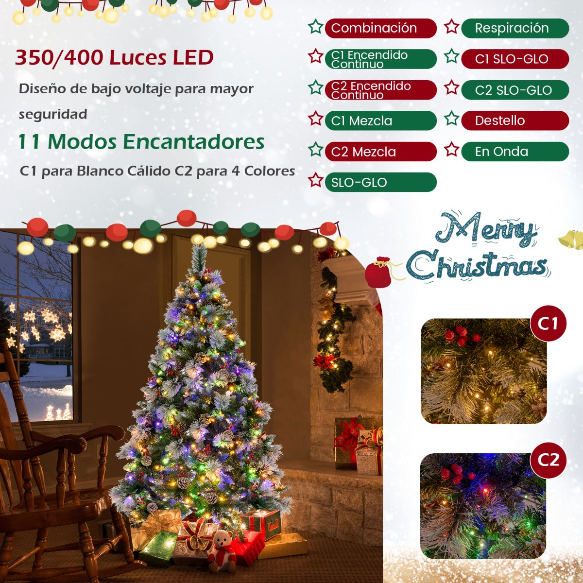 185cm Árbol de Navidad Preiluminado con con 747 Puntas de Rama, 350 Luces LED 55 Conos de Pino y 55 Bayas Rojas