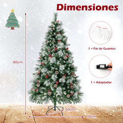 185cm Árbol de Navidad Preiluminado con con 747 Puntas de Rama, 350 Luces LED 55 Conos de Pino y 55 Bayas Rojas