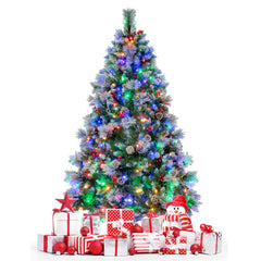 185cm Árbol de Navidad Preiluminado con con 747 Puntas de Rama, 350 Luces LED 55 Conos de Pino y 55 Bayas Rojas