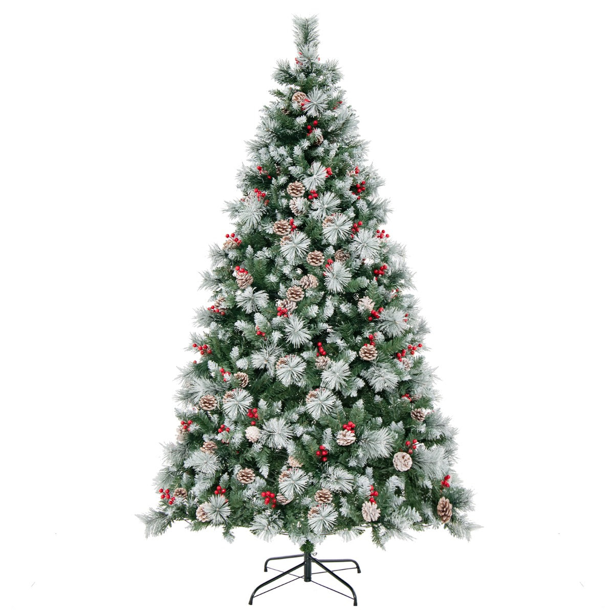 215cm Árbol de Navidad Preiluminado con con 747 Puntas de Rama, 350 Luces LED 55 Conos de Pino y 55 Bayas Rojas