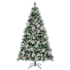 215cm Árbol de Navidad Preiluminado con con 747 Puntas de Rama, 350 Luces LED 55 Conos de Pino y 55 Bayas Rojas