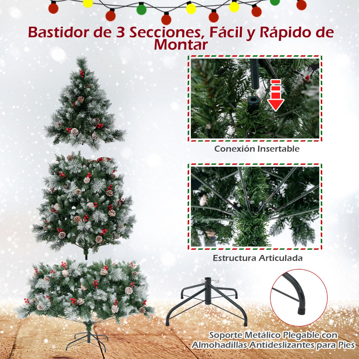 215cm Árbol de Navidad Preiluminado con con 747 Puntas de Rama, 350 Luces LED 55 Conos de Pino y 55 Bayas Rojas