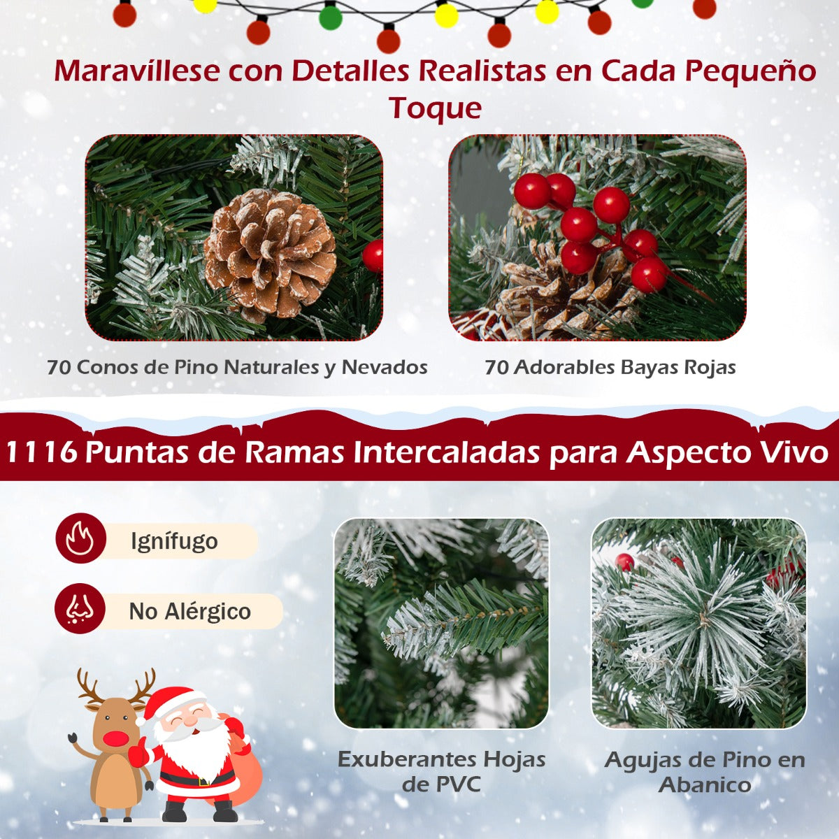 215cm Árbol de Navidad Preiluminado con con 747 Puntas de Rama, 350 Luces LED 55 Conos de Pino y 55 Bayas Rojas