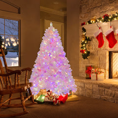 185cm Árbol Rosa de Navidad con Bisagras 808 Puntas de Ramas de PVC 350 Luces LED y 8 Modos de Iluminación