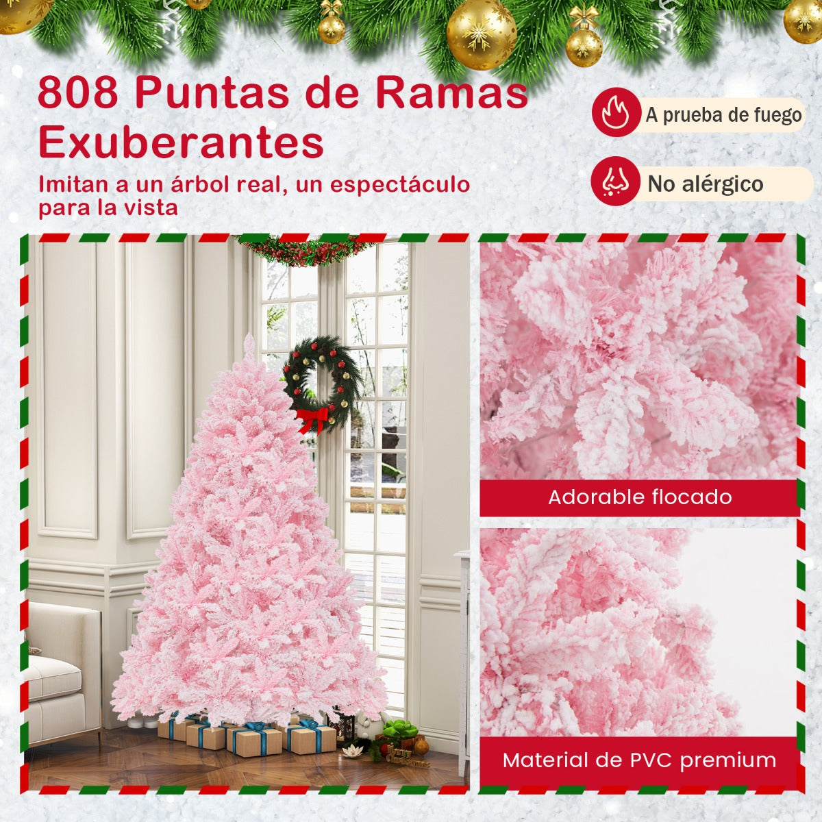185cm Árbol Rosa de Navidad con Bisagras 808 Puntas de Ramas de PVC 350 Luces LED y 8 Modos de Iluminación
