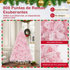 185cm Árbol Rosa de Navidad con Bisagras 808 Puntas de Ramas de PVC 350 Luces LED y 8 Modos de Iluminación