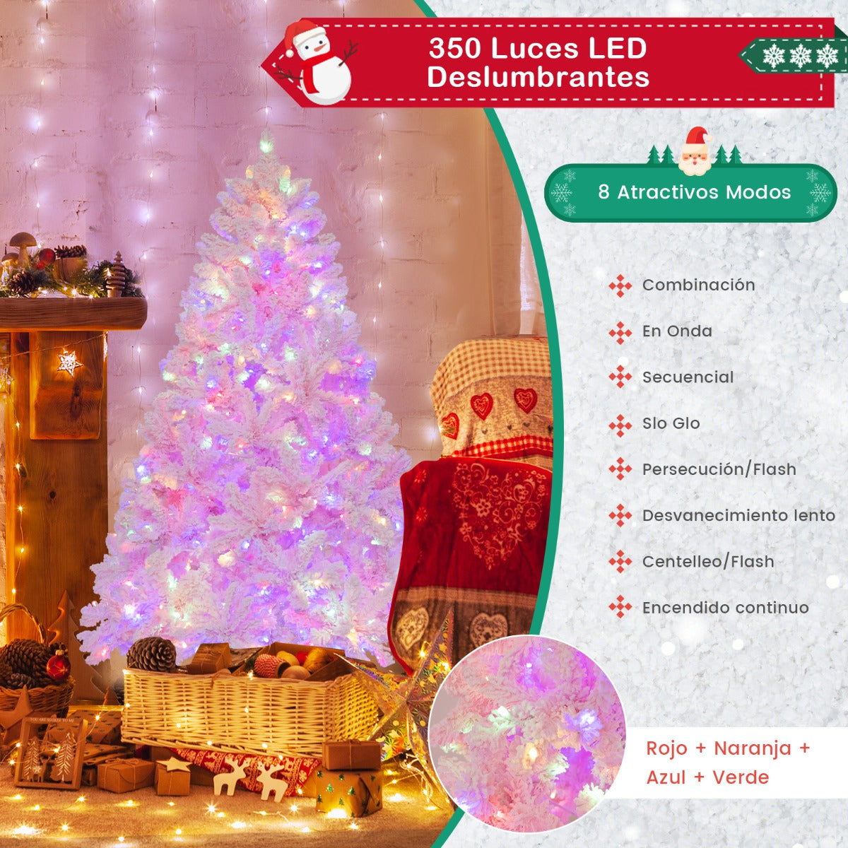 185cm Árbol Rosa de Navidad con Bisagras 808 Puntas de Ramas de PVC 350 Luces LED y 8 Modos de Iluminación