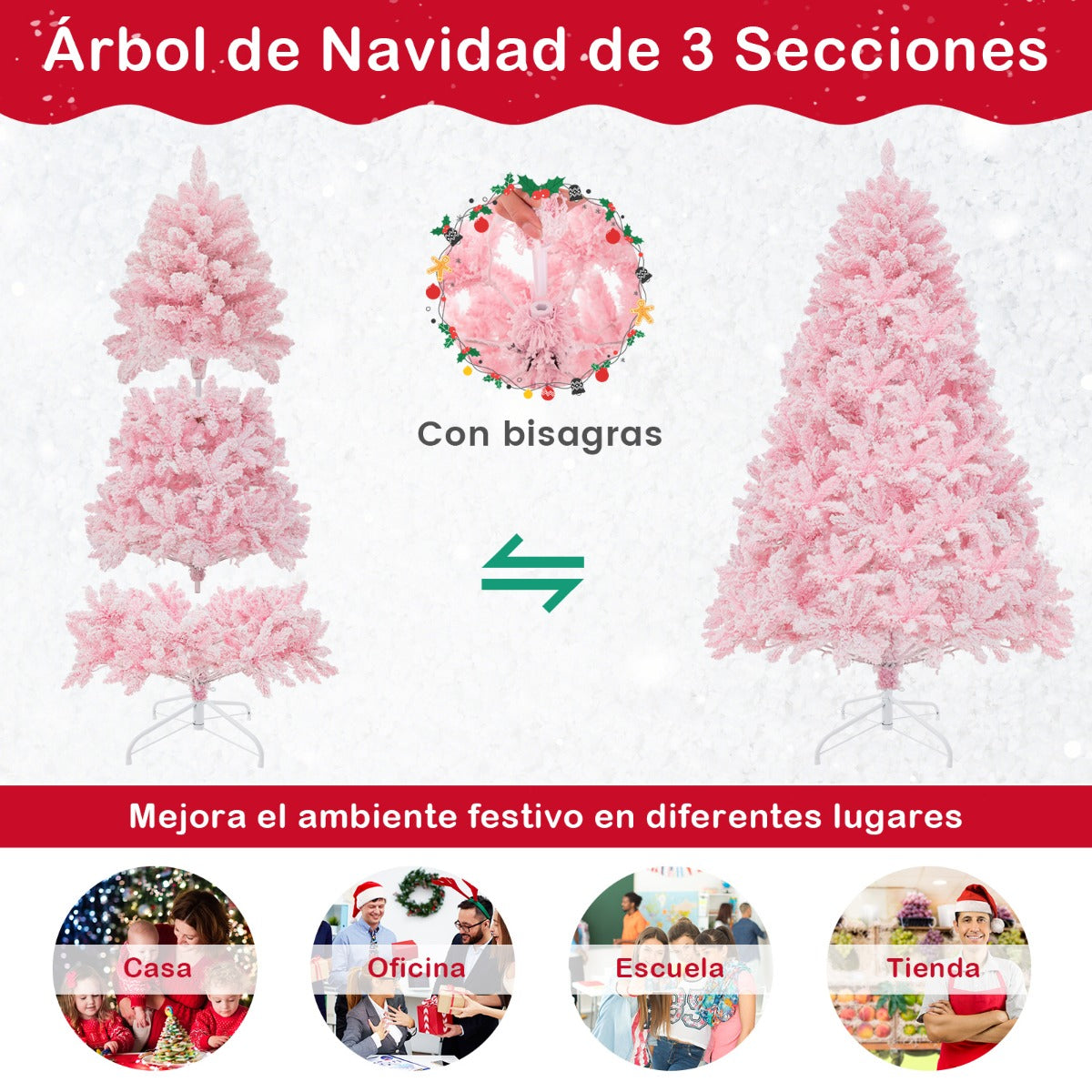 185cm Árbol Rosa de Navidad con Bisagras 808 Puntas de Ramas de PVC 350 Luces LED y 8 Modos de Iluminación