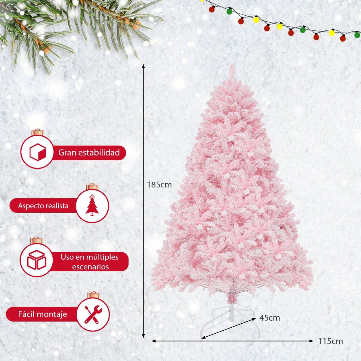 185cm Árbol Rosa de Navidad con Bisagras 808 Puntas de Ramas de PVC 350 Luces LED y 8 Modos de Iluminación