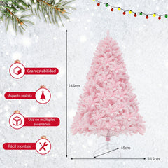 185cm Árbol Rosa de Navidad con Bisagras 808 Puntas de Ramas de PVC 350 Luces LED y 8 Modos de Iluminación