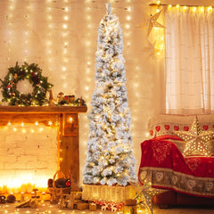 180cm Árbol de Navidad en Forma de Lápiz Nevado con 150 Luces Cálidas Blancas 373 Puntas de Ramas Agujas de Pino
