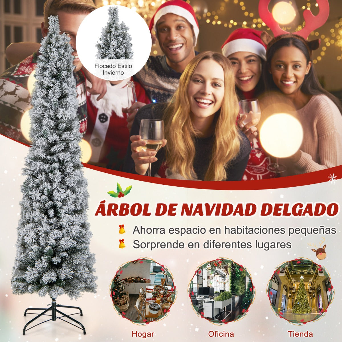 180cm Árbol de Navidad en Forma de Lápiz Nevado con 150 Luces Cálidas Blancas 373 Puntas de Ramas Agujas de Pino