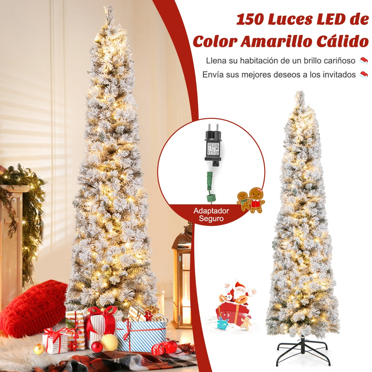 180cm Árbol de Navidad en Forma de Lápiz Nevado con 150 Luces Cálidas Blancas 373 Puntas de Ramas Agujas de Pino