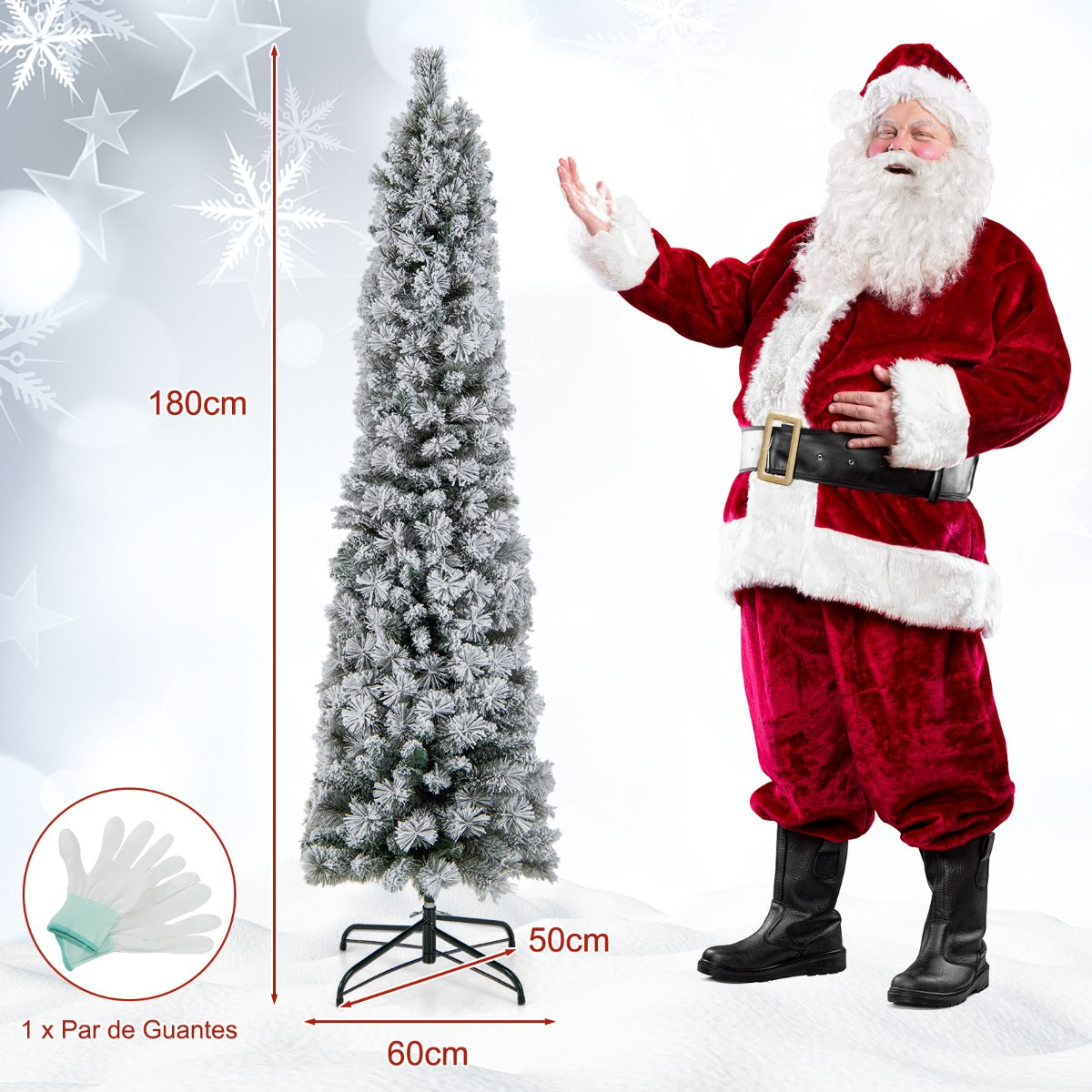 180cm Árbol de Navidad en Forma de Lápiz Nevado con 150 Luces Cálidas Blancas 373 Puntas de Ramas Agujas de Pino