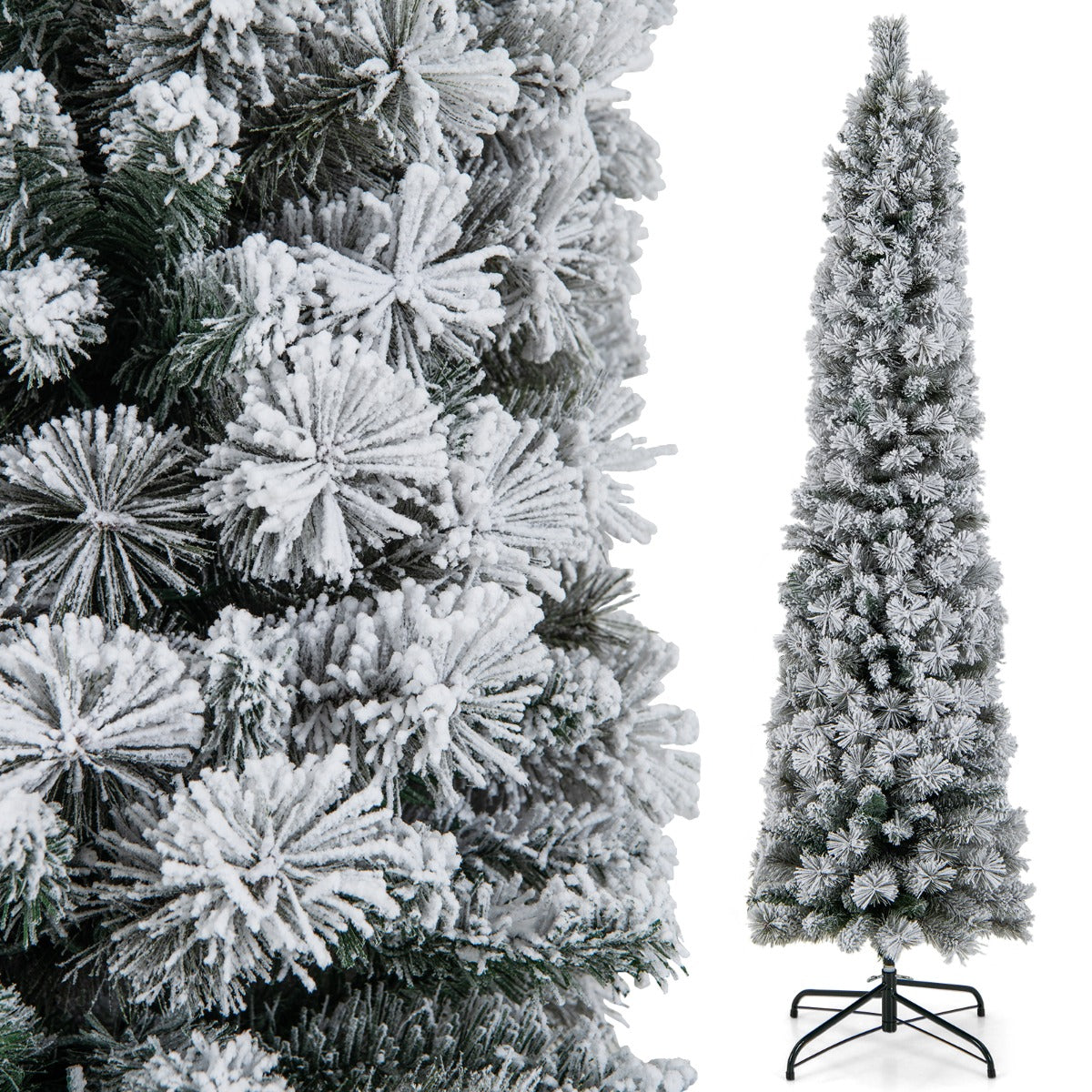 180cm Árbol de Navidad en Forma de Lápiz Nevado con 150 Luces Cálidas Blancas 373 Puntas de Ramas Agujas de Pino