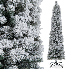 180cm Árbol de Navidad en Forma de Lápiz Nevado con 150 Luces Cálidas Blancas 373 Puntas de Ramas Agujas de Pino