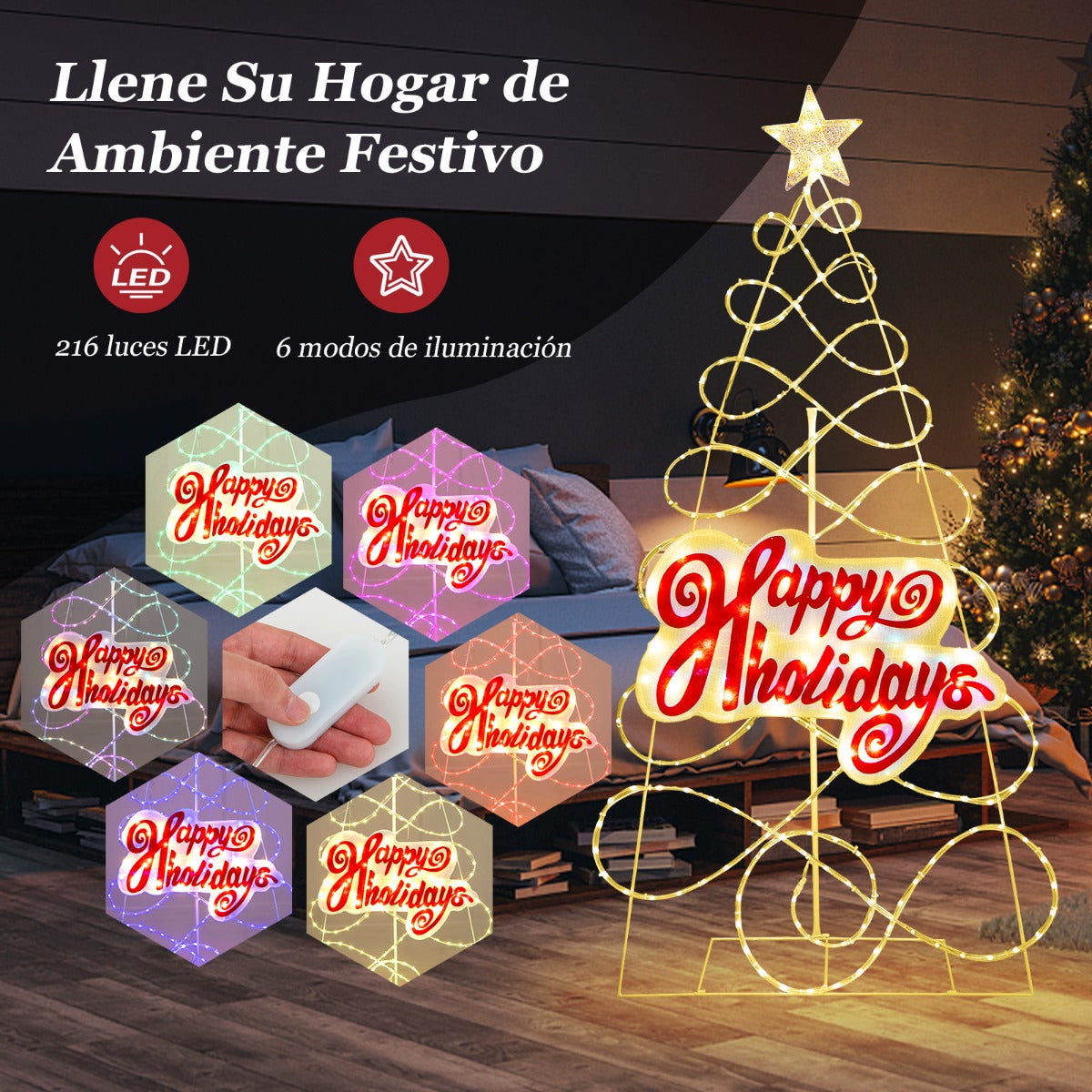170cm Árbol de Navidad Colorido con 216 Luces LED 6 Modos de Luz para Decoración