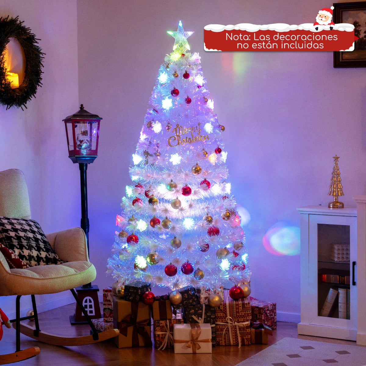 180 cm Árbol de Navidad de Fibra Óptica Artificial Blanco Preiluminado con 230 Puntas de Rama Luz de Estrella 36 Luces