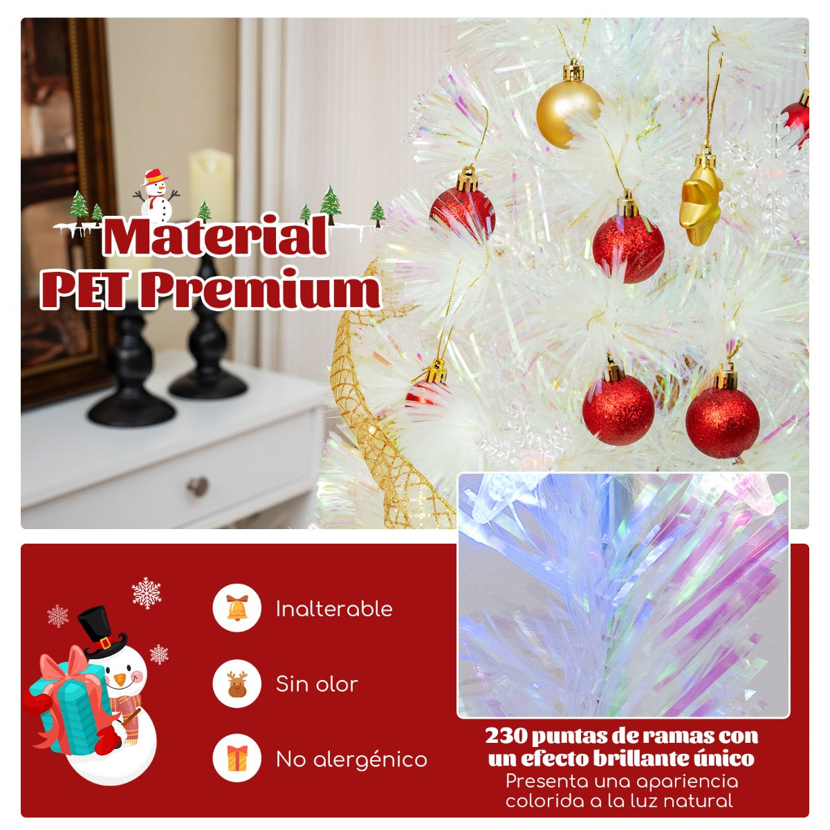 180 cm Árbol de Navidad de Fibra Óptica Artificial Blanco Preiluminado con 230 Puntas de Rama Luz de Estrella 36 Luces