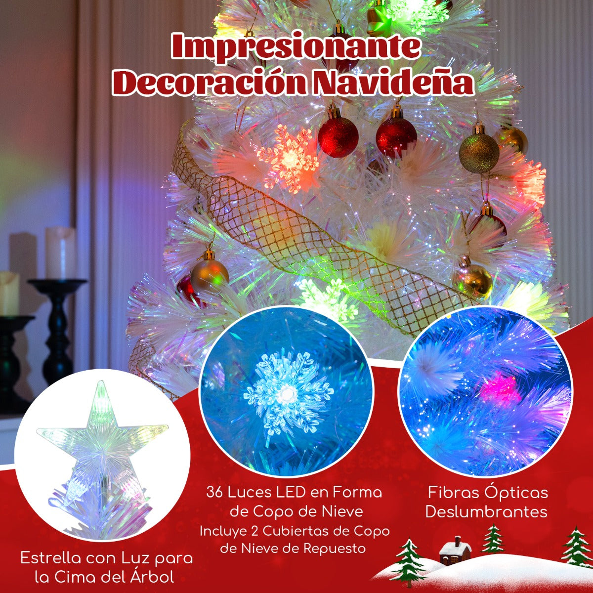 180 cm Árbol de Navidad de Fibra Óptica Artificial Blanco Preiluminado con 230 Puntas de Rama Luz de Estrella 36 Luces