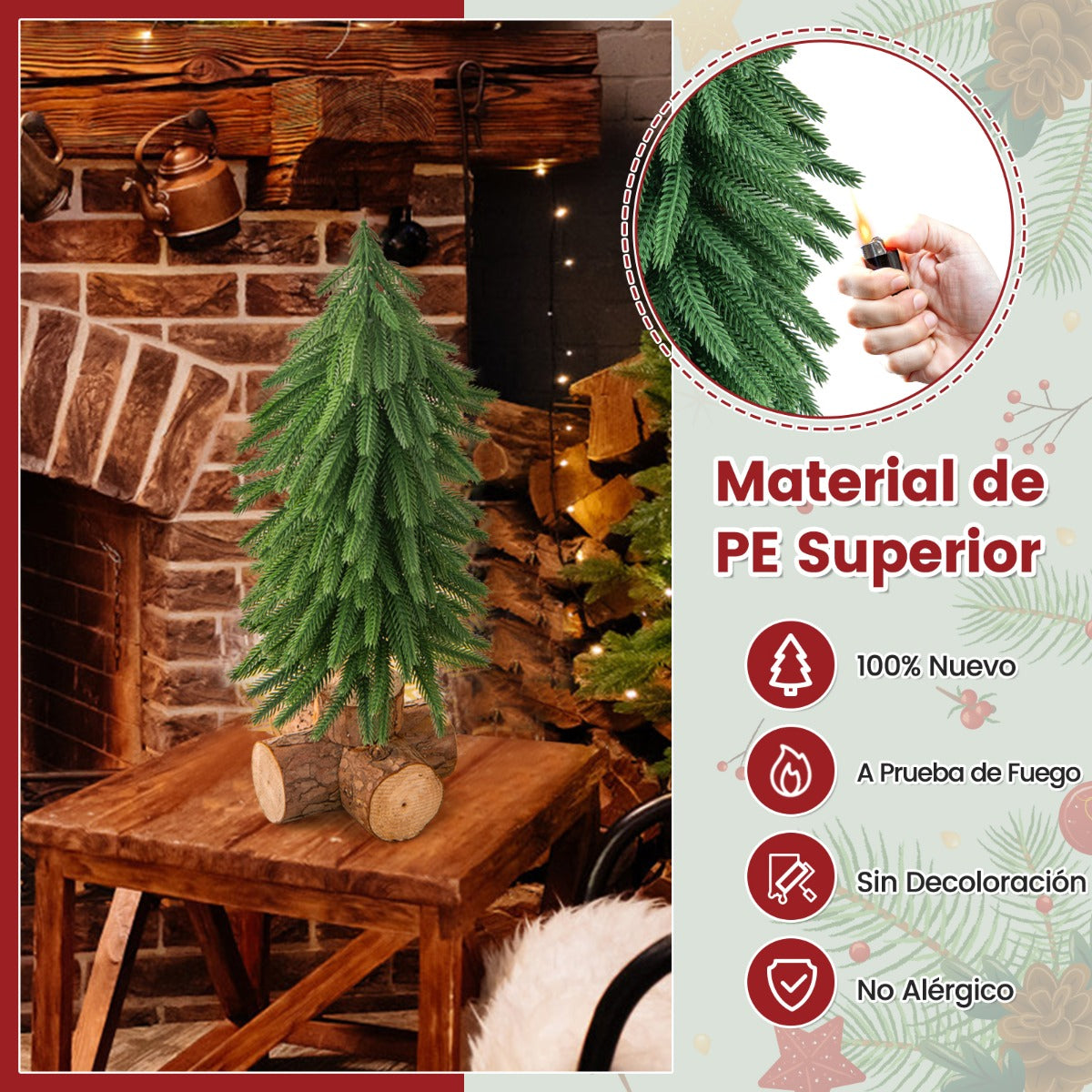 40cm Árbol de Navidad de Mesa con 200 Puntas de Ramas y Base de Madera Maciza para Hogar Oficina Verde