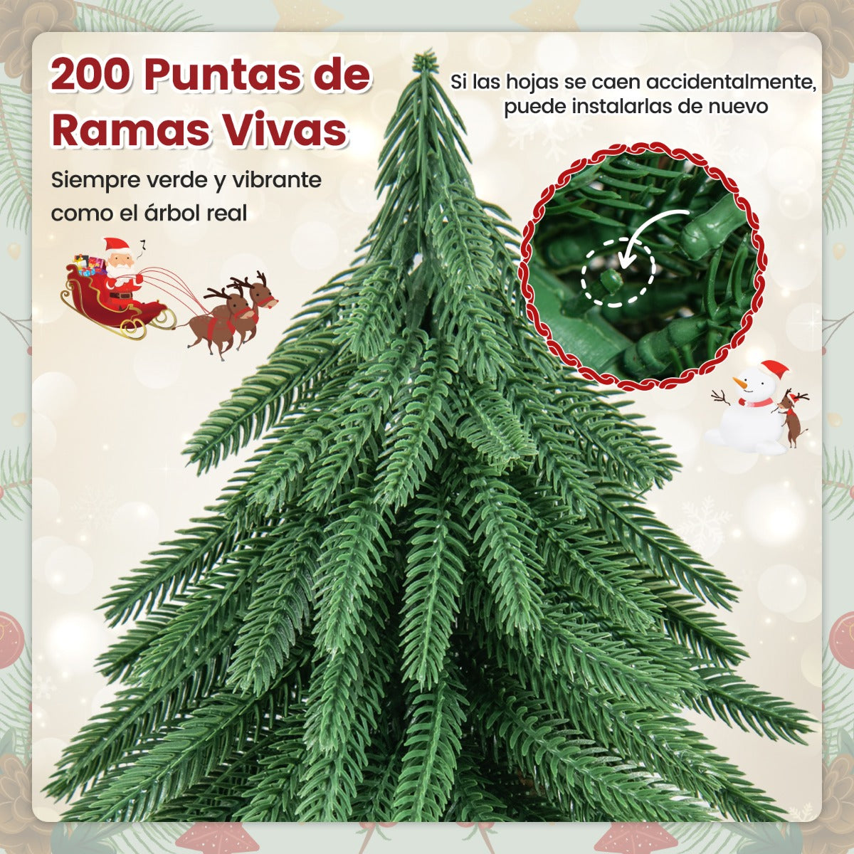 40cm Árbol de Navidad de Mesa con 200 Puntas de Ramas y Base de Madera Maciza para Hogar Oficina Verde