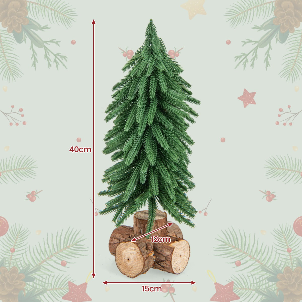 40cm Árbol de Navidad de Mesa con 200 Puntas de Ramas y Base de Madera Maciza para Hogar Oficina Verde
