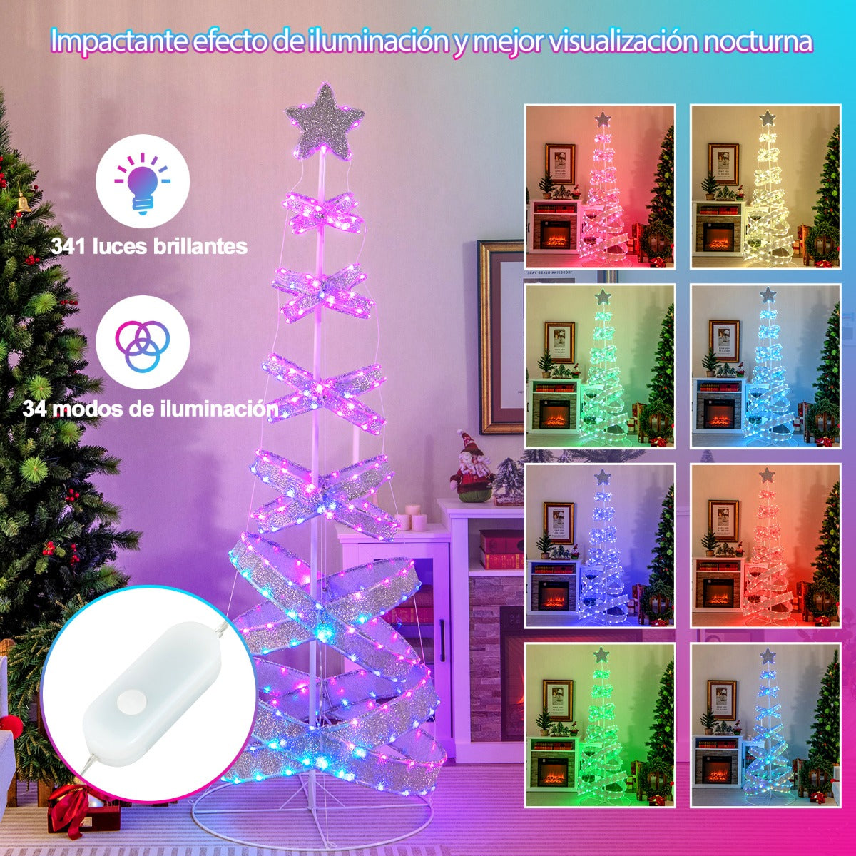 210cm Árbol de Navidad en Espiral Preiluminado con 341 Luces LED Cambio de Color