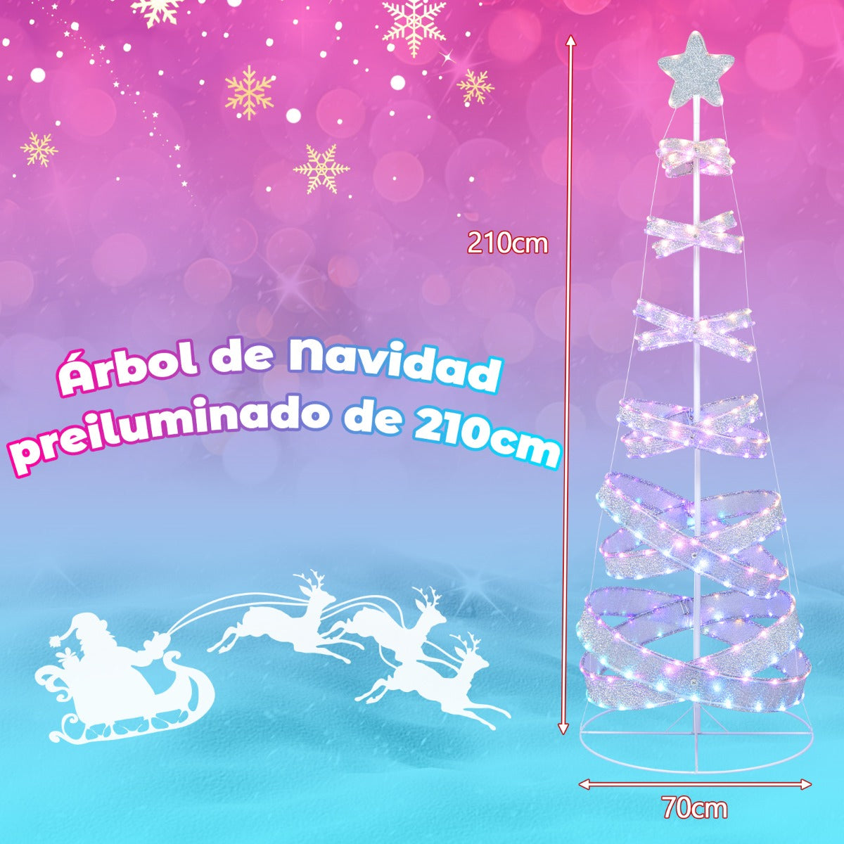 210cm Árbol de Navidad en Espiral Preiluminado con 341 Luces LED Cambio de Color