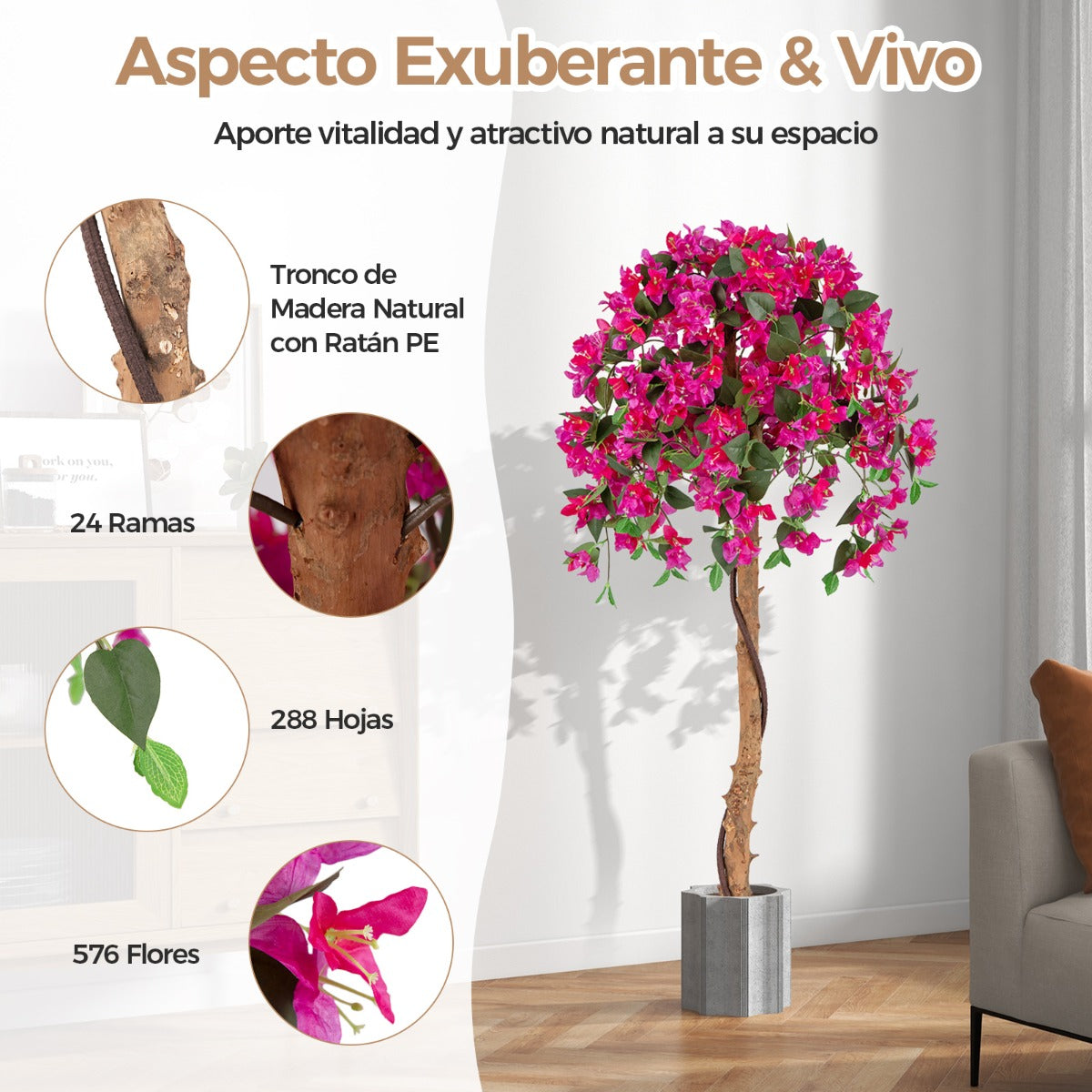 Árbol de Azalea Artificial de 135 CM Planta Floral de Seda Falsa en Maceta con 576 Flores 288 Hojas Tronco de Madera Planta Decorativa Rojo